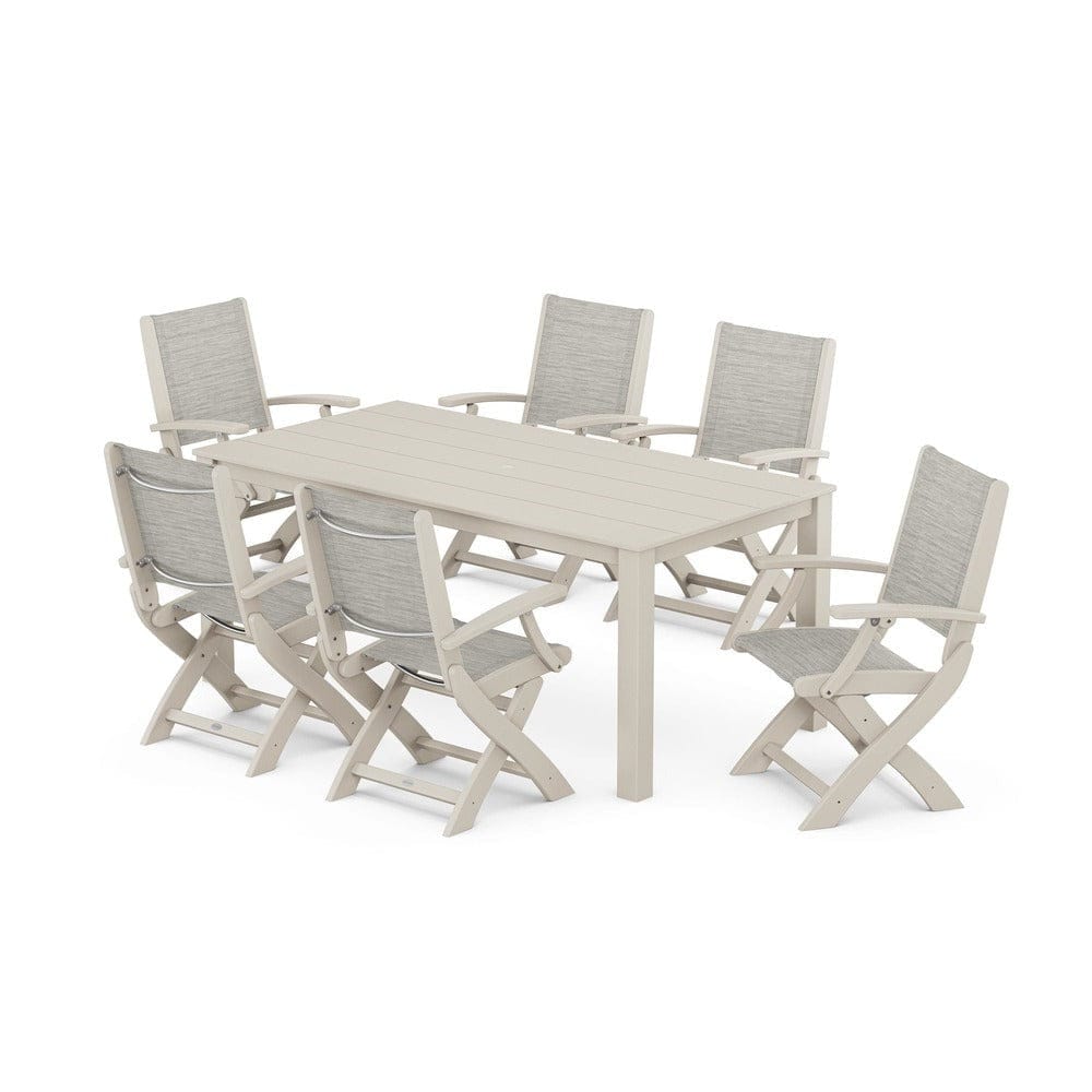 POLYWOOD® Outdoor Furniture Sand / Birch Sling POLYWOOD® - Coastal Folding Chair 7-Piece Parsons Dining Set - PWS2271