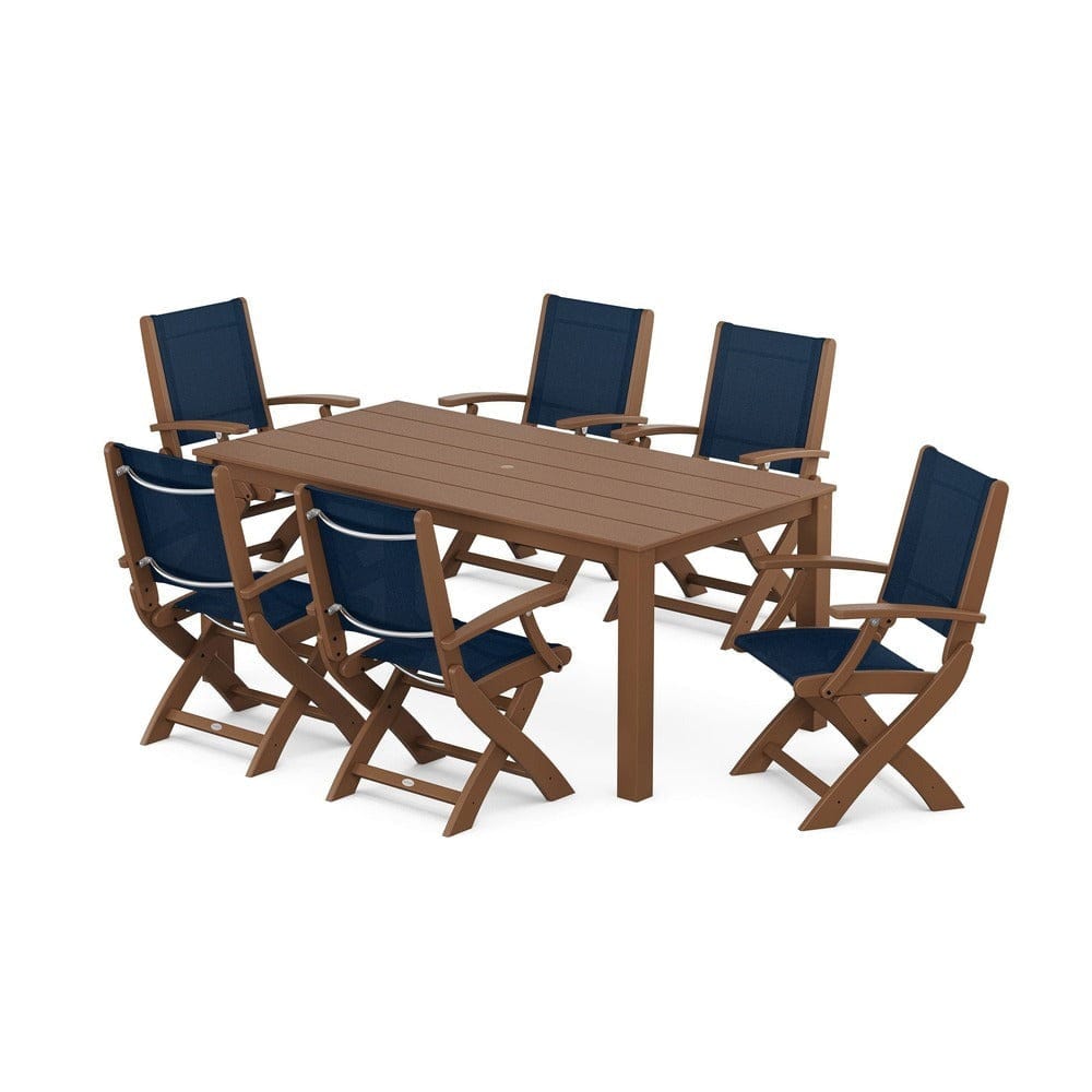POLYWOOD® Outdoor Furniture Teak / Navy Blue Sling POLYWOOD® - Coastal Folding Chair 7-Piece Parsons Dining Set - PWS2271