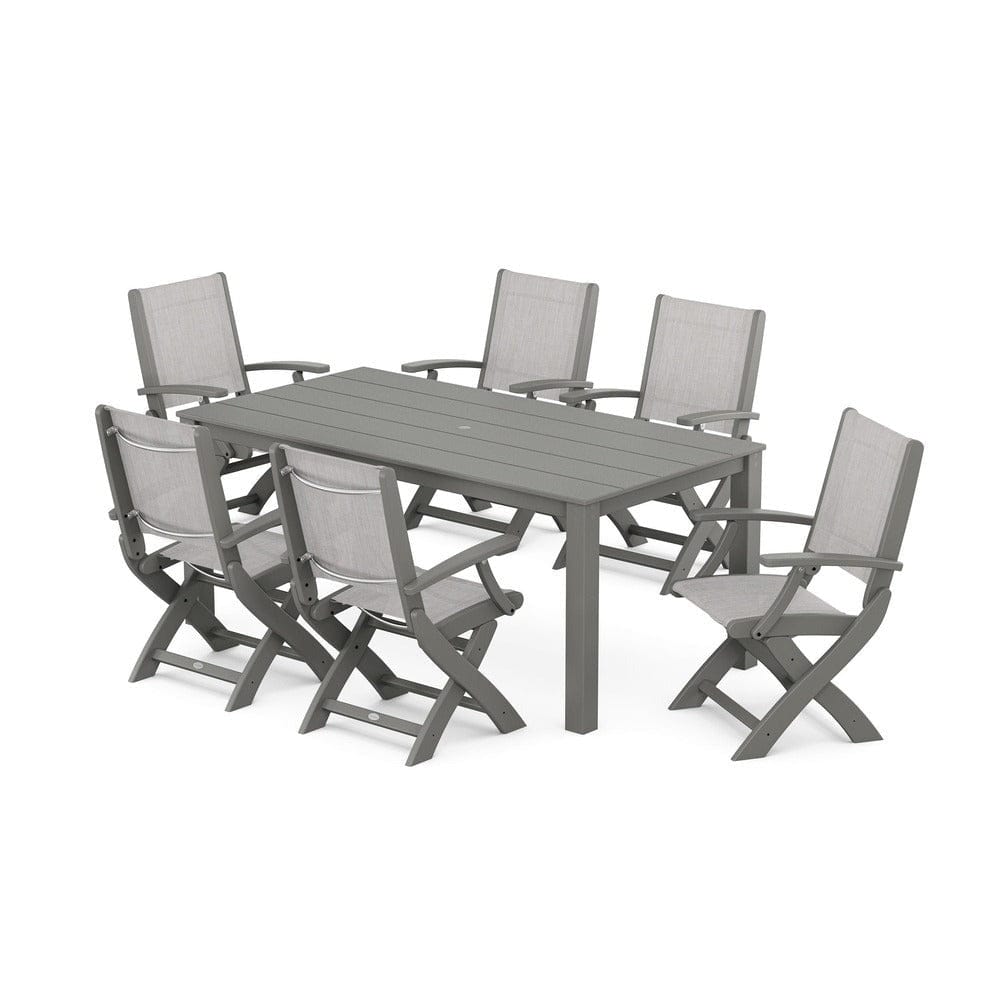 POLYWOOD® Outdoor Furniture Slate Grey / Parchment Sling POLYWOOD® - Coastal Folding Chair 7-Piece Parsons Dining Set - PWS2271