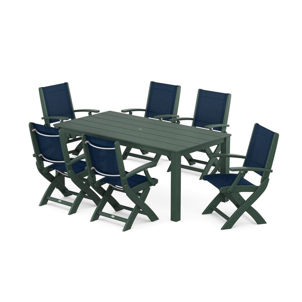 POLYWOOD® Outdoor Furniture Green / Navy Blue Sling POLYWOOD® - Coastal Folding Chair 7-Piece Parsons Dining Set - PWS2271