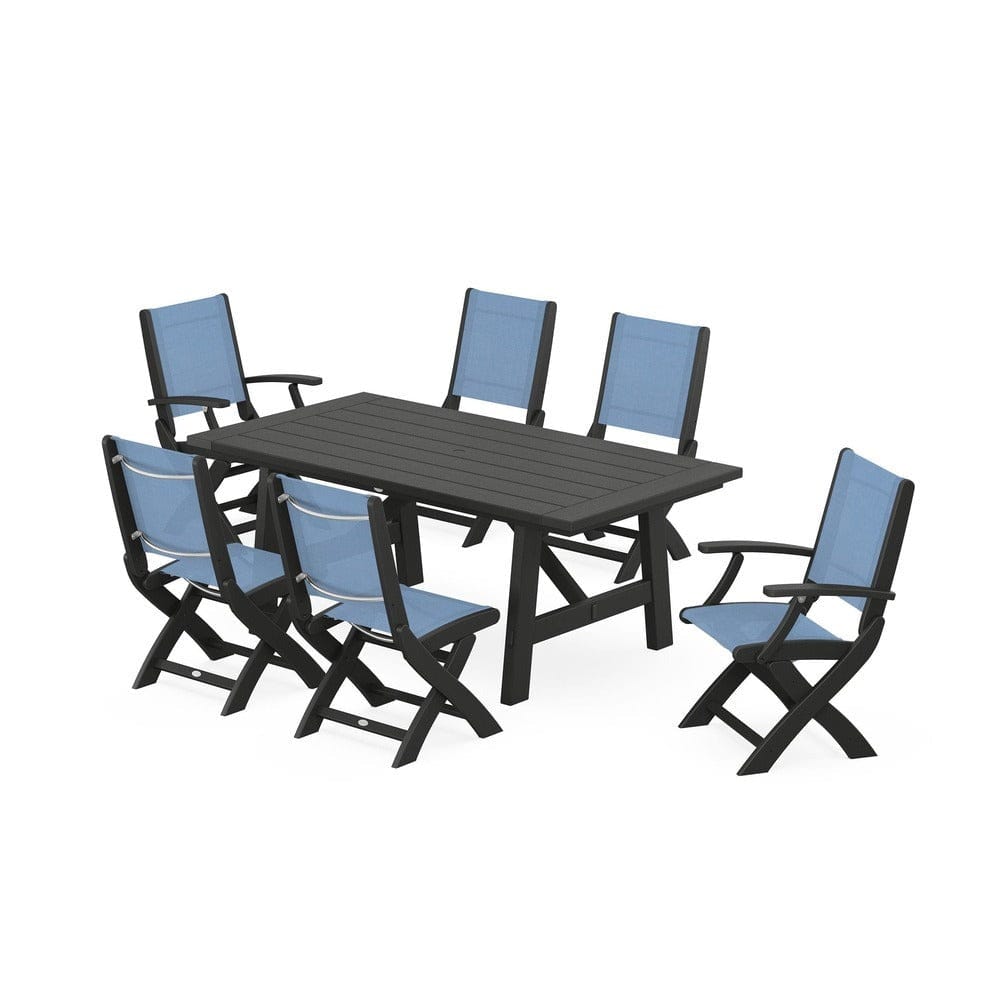 POLYWOOD® Outdoor Furniture Black / Poolside Sling POLYWOOD® - Coastal Folding Chair 7-Piece Rustic Farmhouse Dining Set - PWS1078