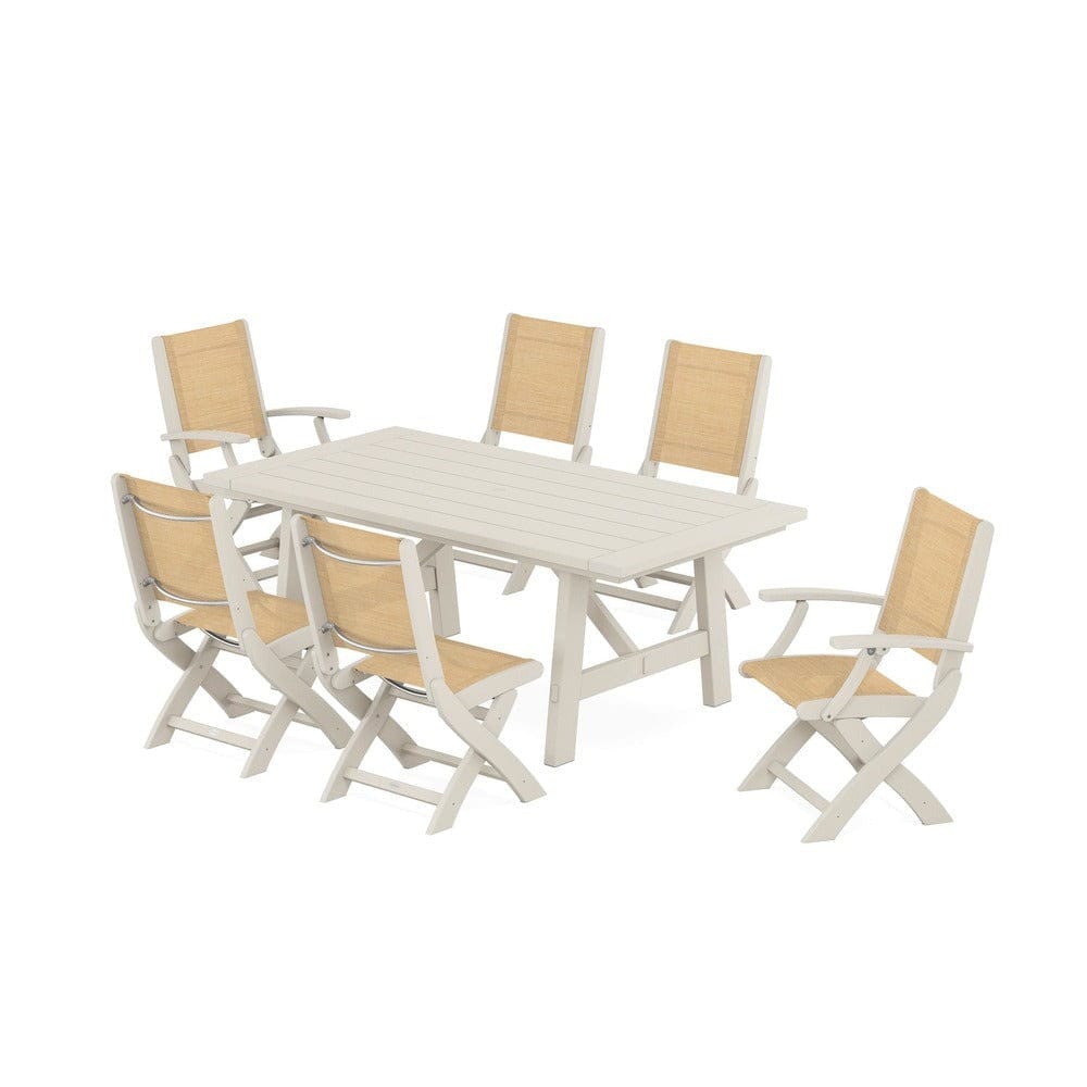 POLYWOOD® Outdoor Furniture Sand / Dupioni Apricot Sling POLYWOOD® - Coastal Folding Chair 7-Piece Rustic Farmhouse Dining Set - PWS1078
