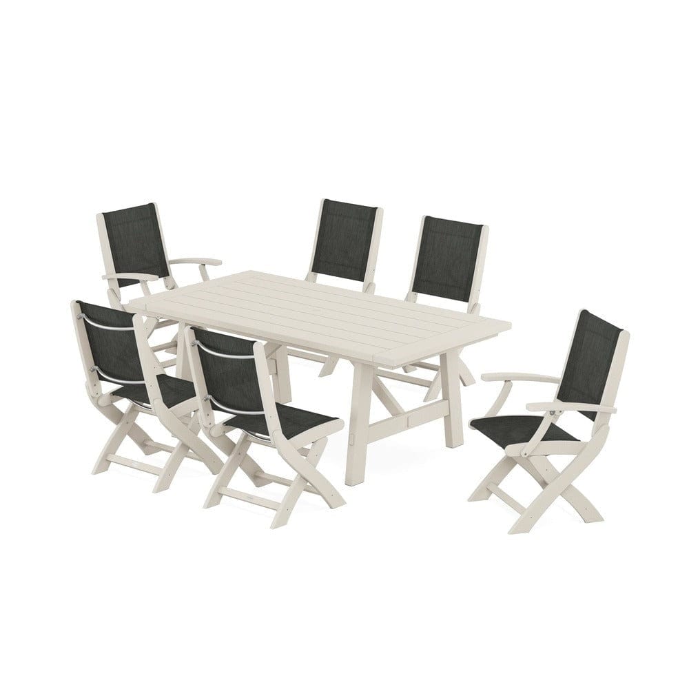 POLYWOOD® - Coastal Folding Chair 7-Piece Rustic Farmhouse Dining Set - PWS1078
