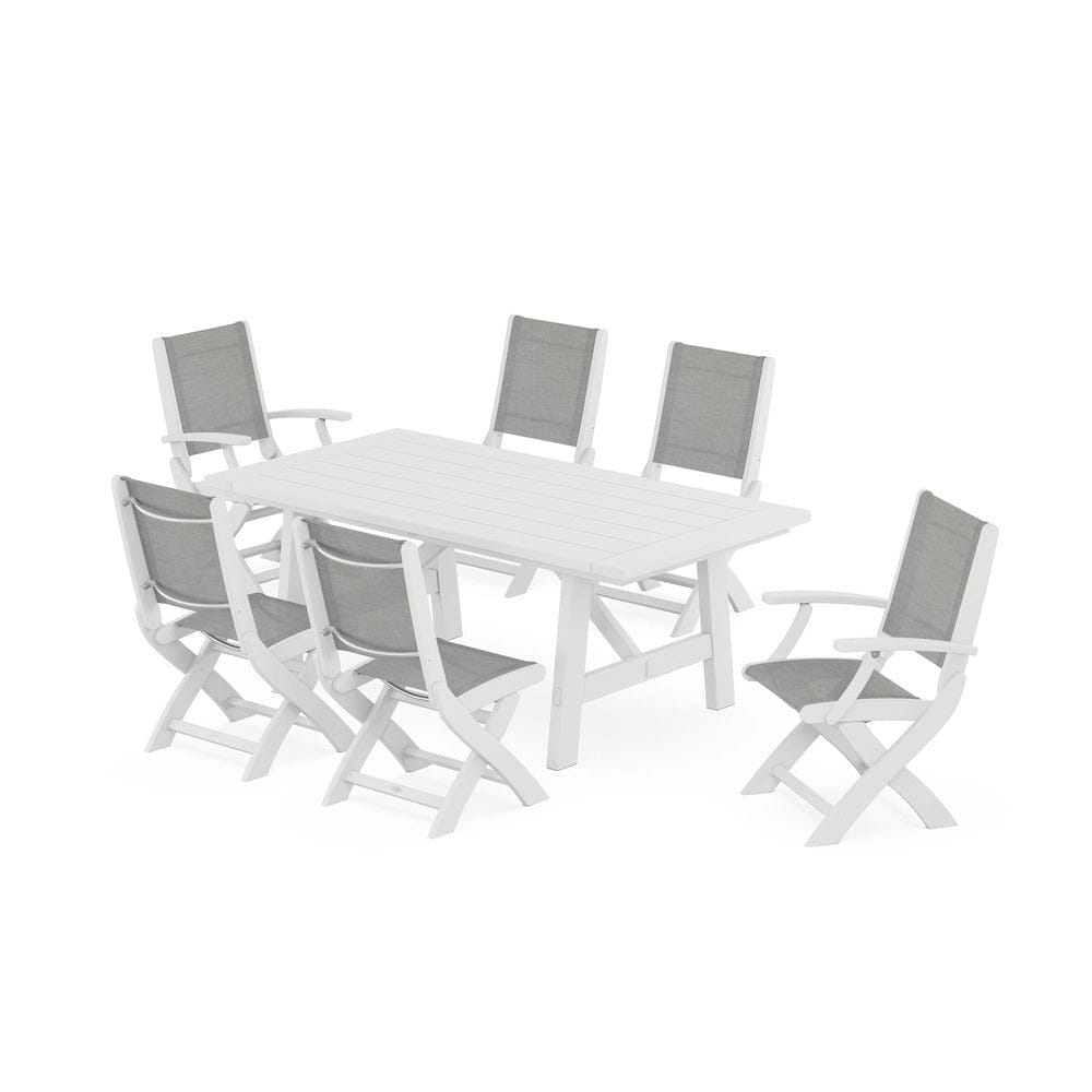 POLYWOOD® Outdoor Furniture White / Metallic Sling POLYWOOD® - Coastal Folding Chair 7-Piece Rustic Farmhouse Dining Set - PWS1078
