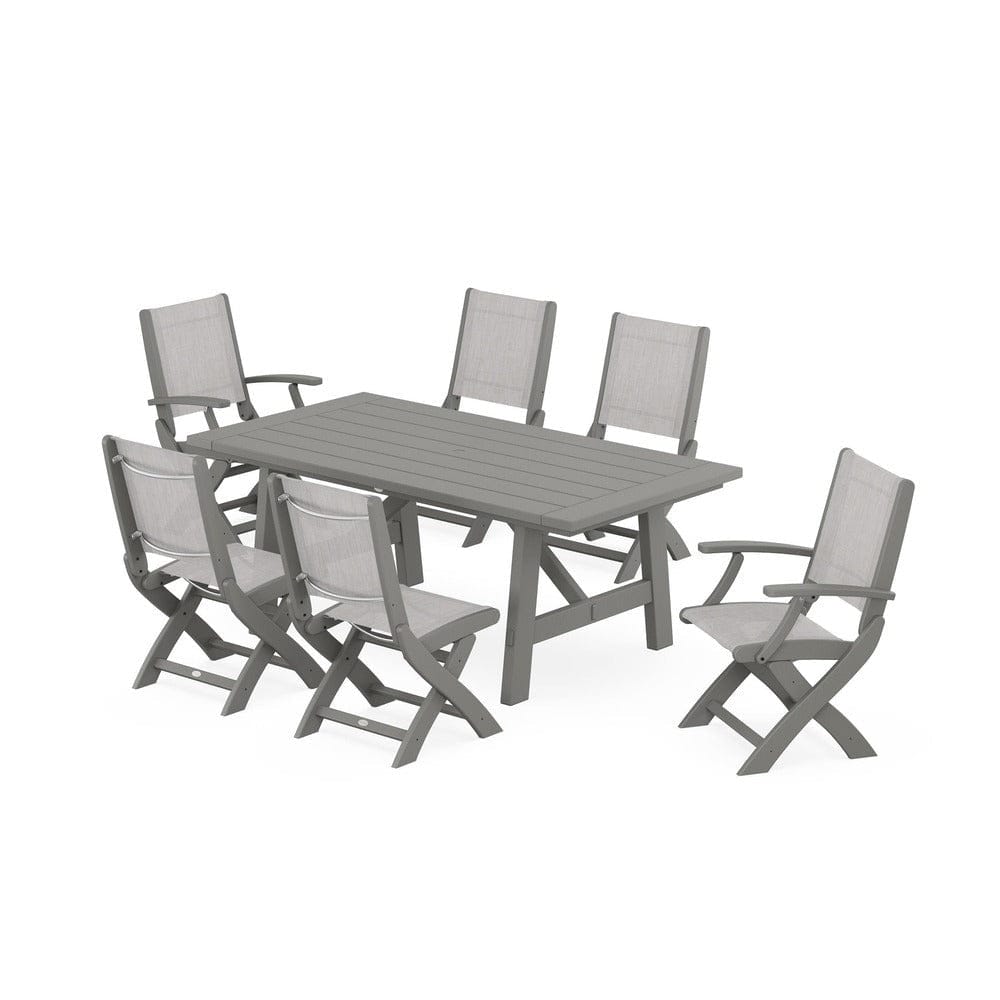 POLYWOOD® Outdoor Furniture Slate Grey / Parchment Sling POLYWOOD® - Coastal Folding Chair 7-Piece Rustic Farmhouse Dining Set - PWS1078