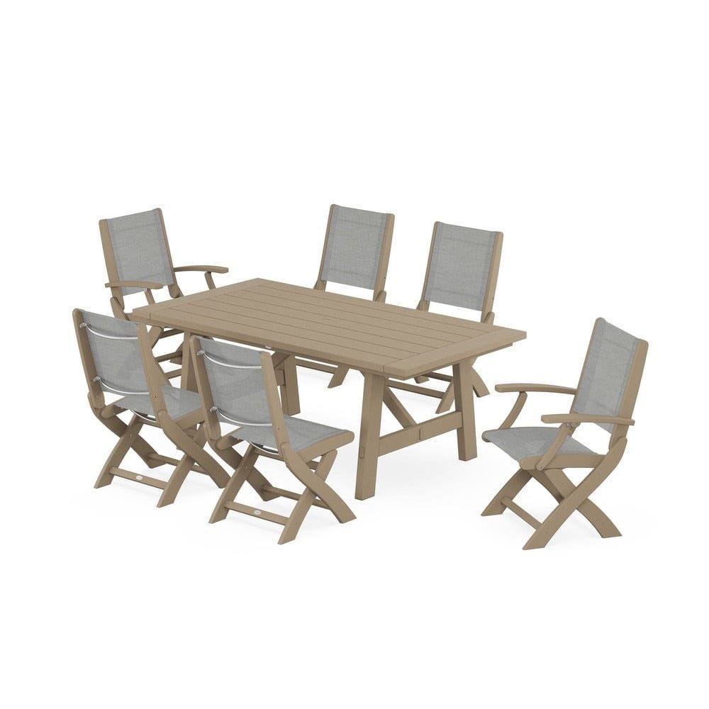 POLYWOOD® Outdoor Furniture POLYWOOD® - Coastal Folding Chair 7-Piece Rustic Farmhouse Dining Set - PWS1078