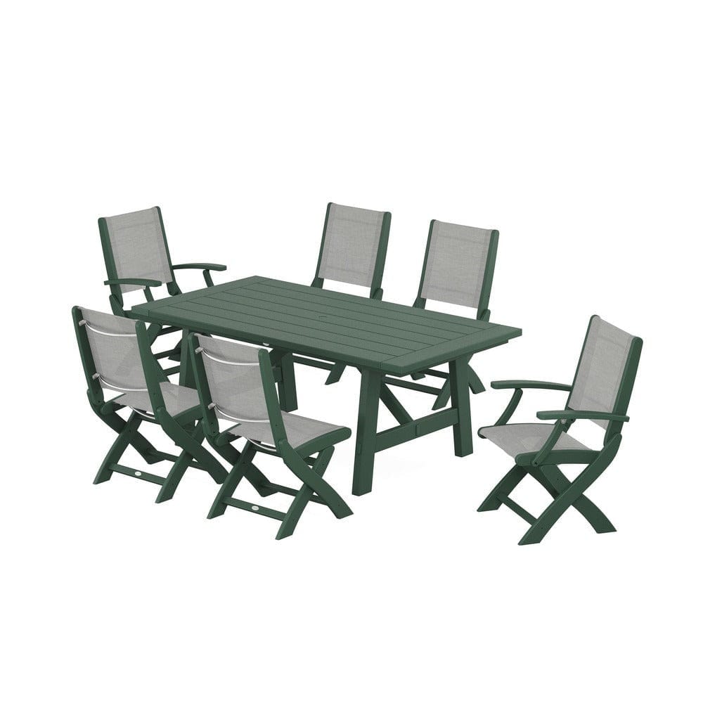 POLYWOOD® Outdoor Furniture Green / Metallic Sling POLYWOOD® - Coastal Folding Chair 7-Piece Rustic Farmhouse Dining Set - PWS1078
