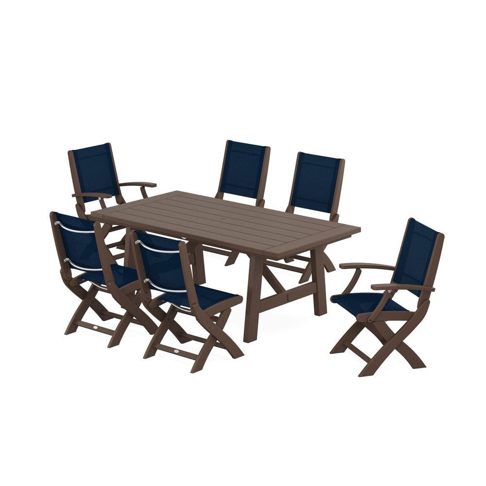 POLYWOOD® Outdoor Furniture Mahogany / Navy Blue Sling POLYWOOD® - Coastal Folding Chair 7-Piece Rustic Farmhouse Dining Set - PWS1078