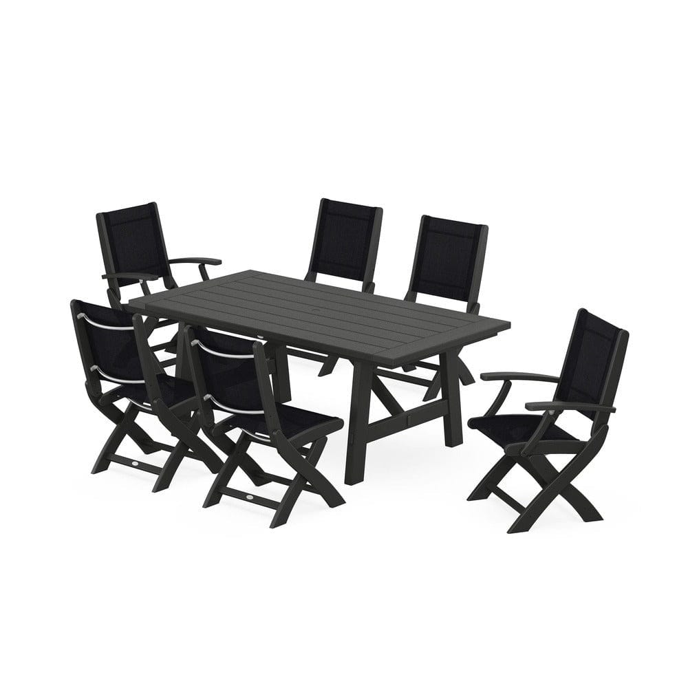 POLYWOOD® Outdoor Furniture Black / Black Sling POLYWOOD® - Coastal Folding Chair 7-Piece Rustic Farmhouse Dining Set - PWS1078