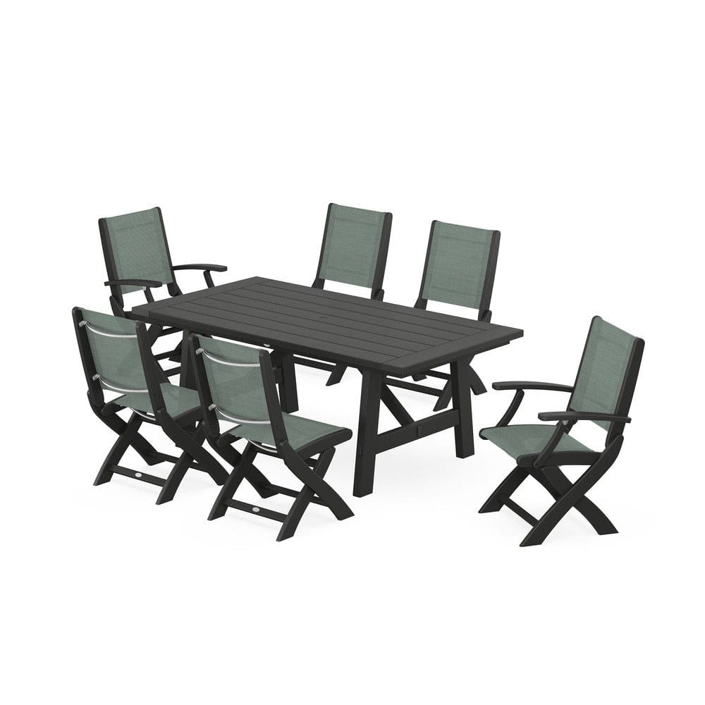 POLYWOOD® Outdoor Furniture Black / Dupioni Sea Mist Sling POLYWOOD® - Coastal Folding Chair 7-Piece Rustic Farmhouse Dining Set - PWS1078