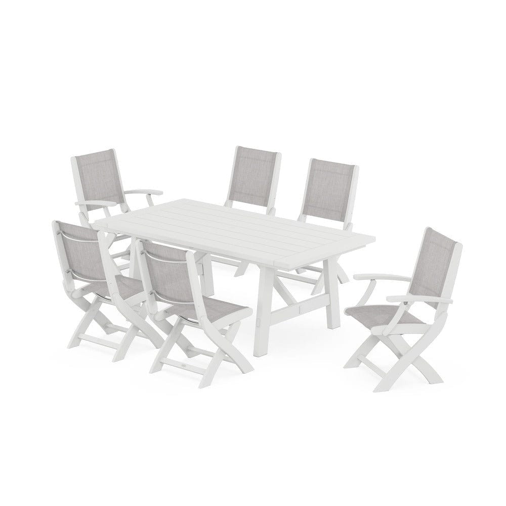 POLYWOOD® Outdoor Furniture White / Parchment Sling POLYWOOD® - Coastal Folding Chair 7-Piece Rustic Farmhouse Dining Set - PWS1078