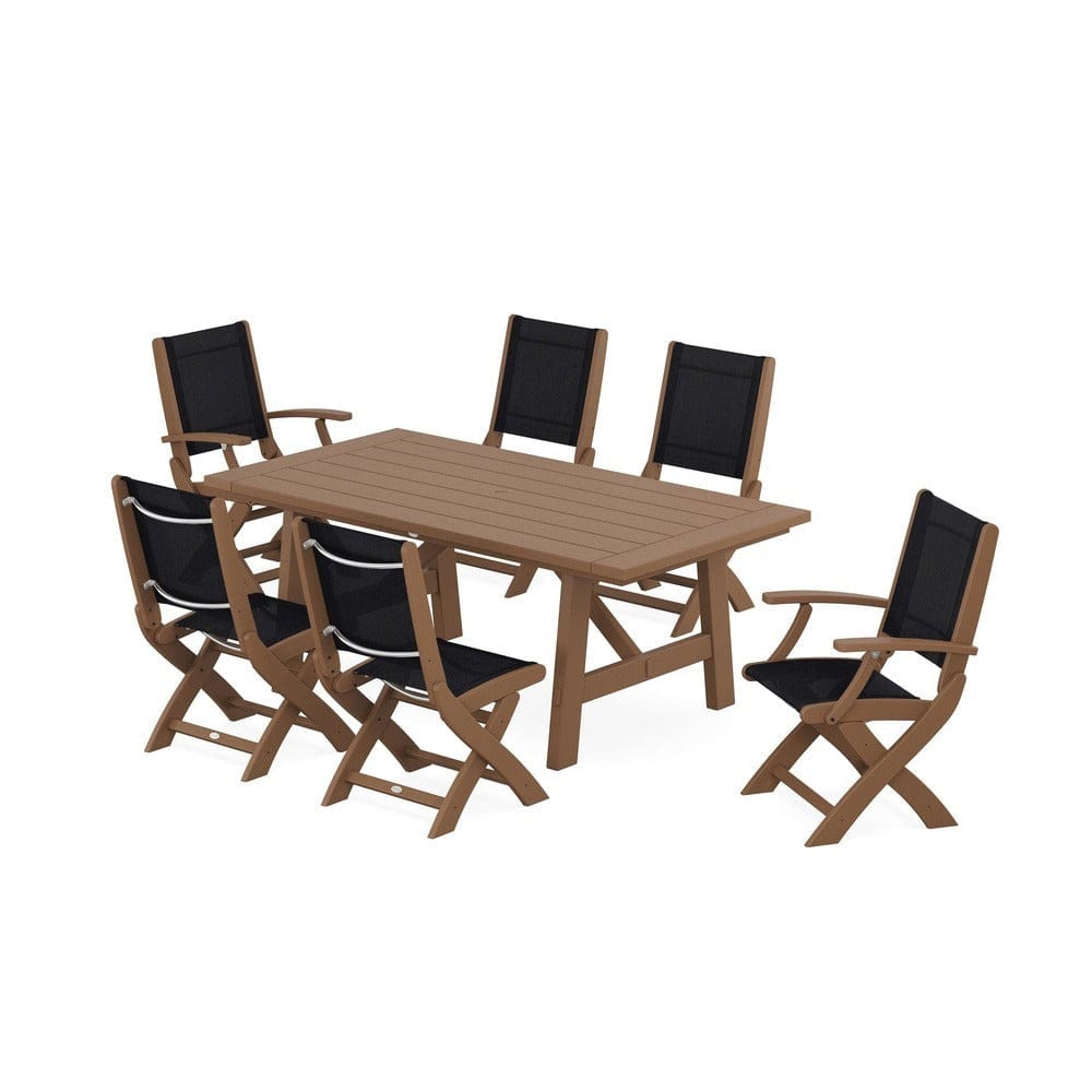 POLYWOOD® Outdoor Furniture Teak / Black Sling POLYWOOD® - Coastal Folding Chair 7-Piece Rustic Farmhouse Dining Set - PWS1078