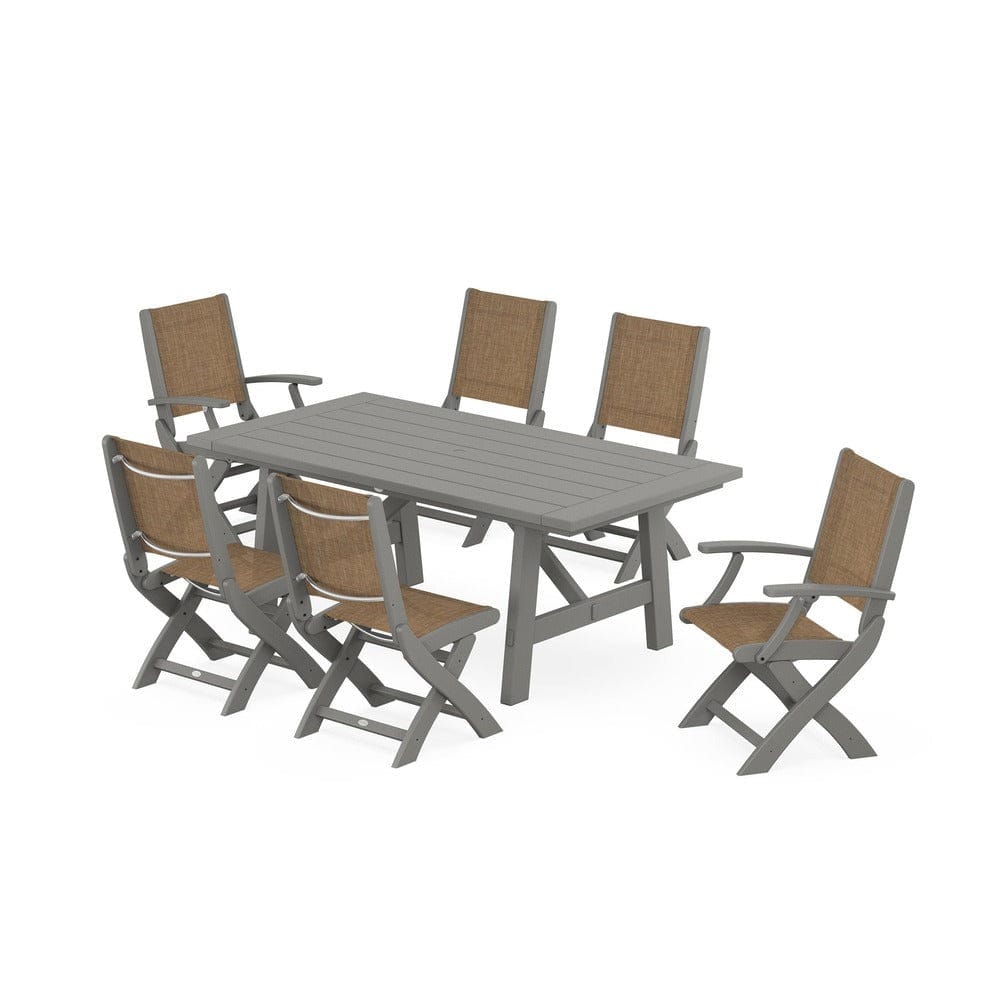 POLYWOOD® Outdoor Furniture Slate Grey / Burlap Sling POLYWOOD® - Coastal Folding Chair 7-Piece Rustic Farmhouse Dining Set - PWS1078