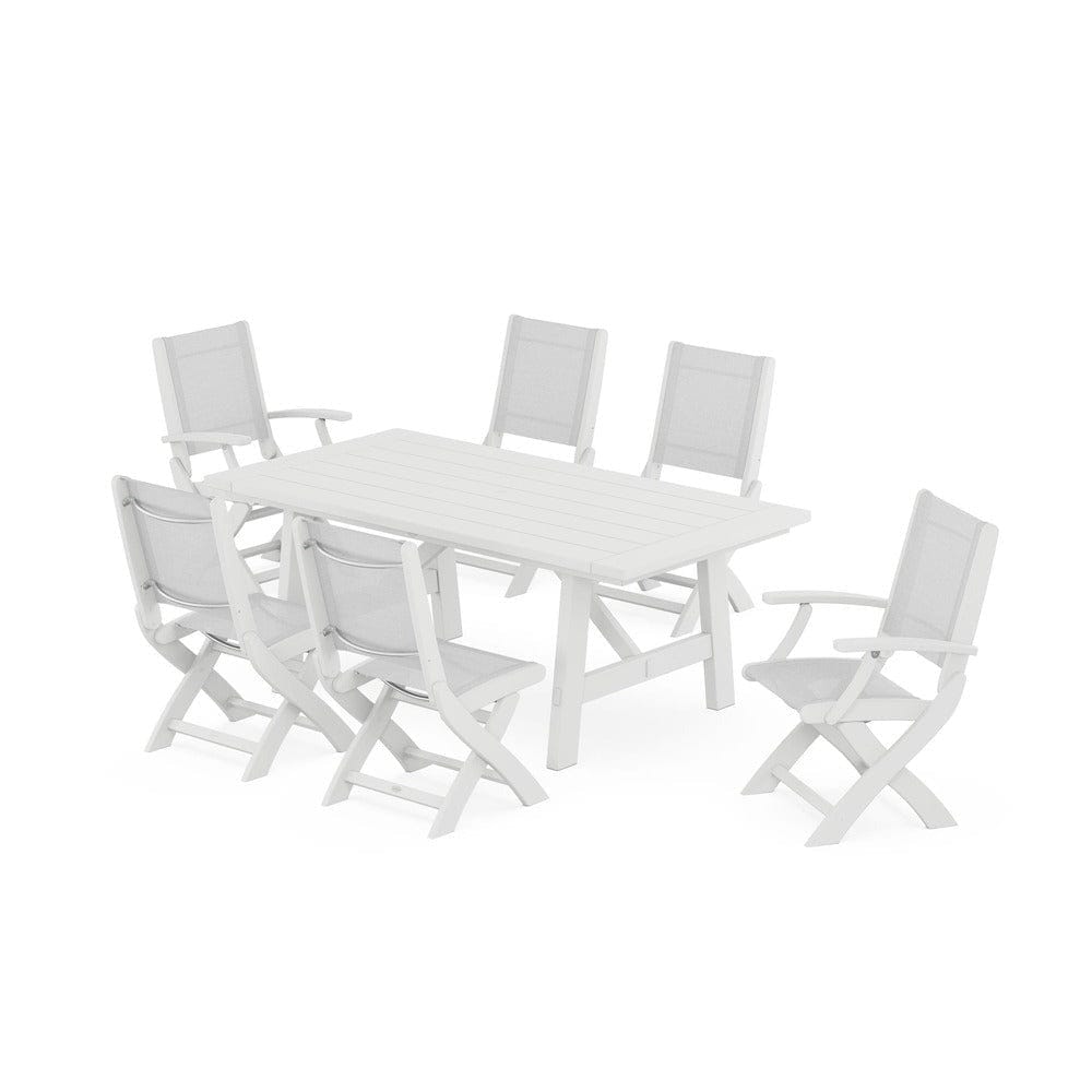 POLYWOOD® Outdoor Furniture White / White Sling POLYWOOD® - Coastal Folding Chair 7-Piece Rustic Farmhouse Dining Set - PWS1078