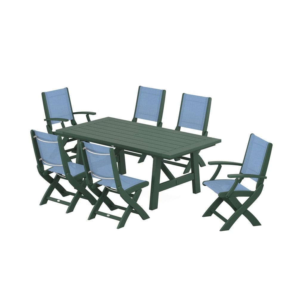POLYWOOD® Outdoor Furniture Green / Poolside Sling POLYWOOD® - Coastal Folding Chair 7-Piece Rustic Farmhouse Dining Set - PWS1078