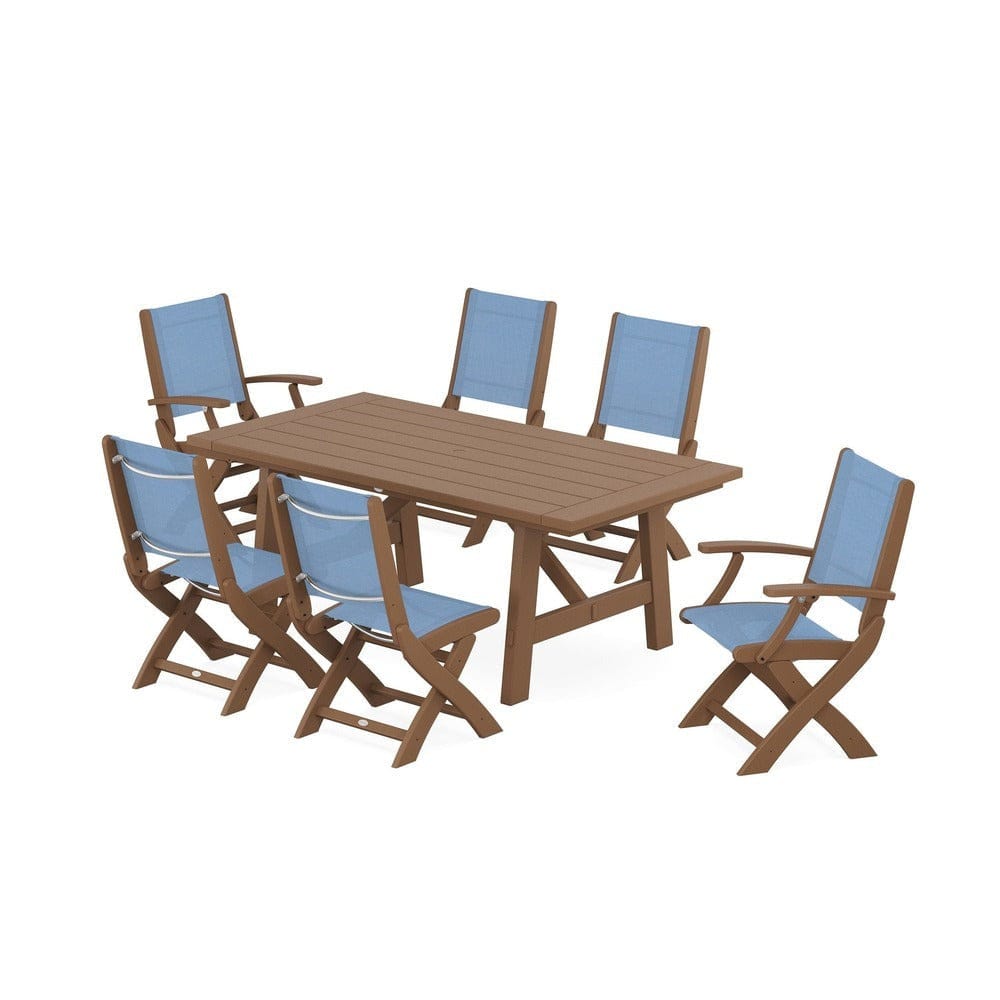 POLYWOOD® Outdoor Furniture Teak / Poolside Sling POLYWOOD® - Coastal Folding Chair 7-Piece Rustic Farmhouse Dining Set - PWS1078