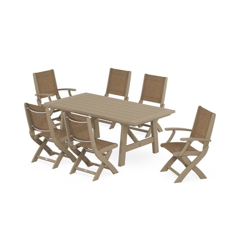 POLYWOOD® Outdoor Furniture POLYWOOD® - Coastal Folding Chair 7-Piece Rustic Farmhouse Dining Set - PWS1078