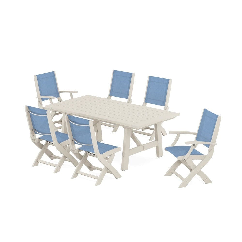 POLYWOOD® Outdoor Furniture Sand / Poolside Sling POLYWOOD® - Coastal Folding Chair 7-Piece Rustic Farmhouse Dining Set - PWS1078