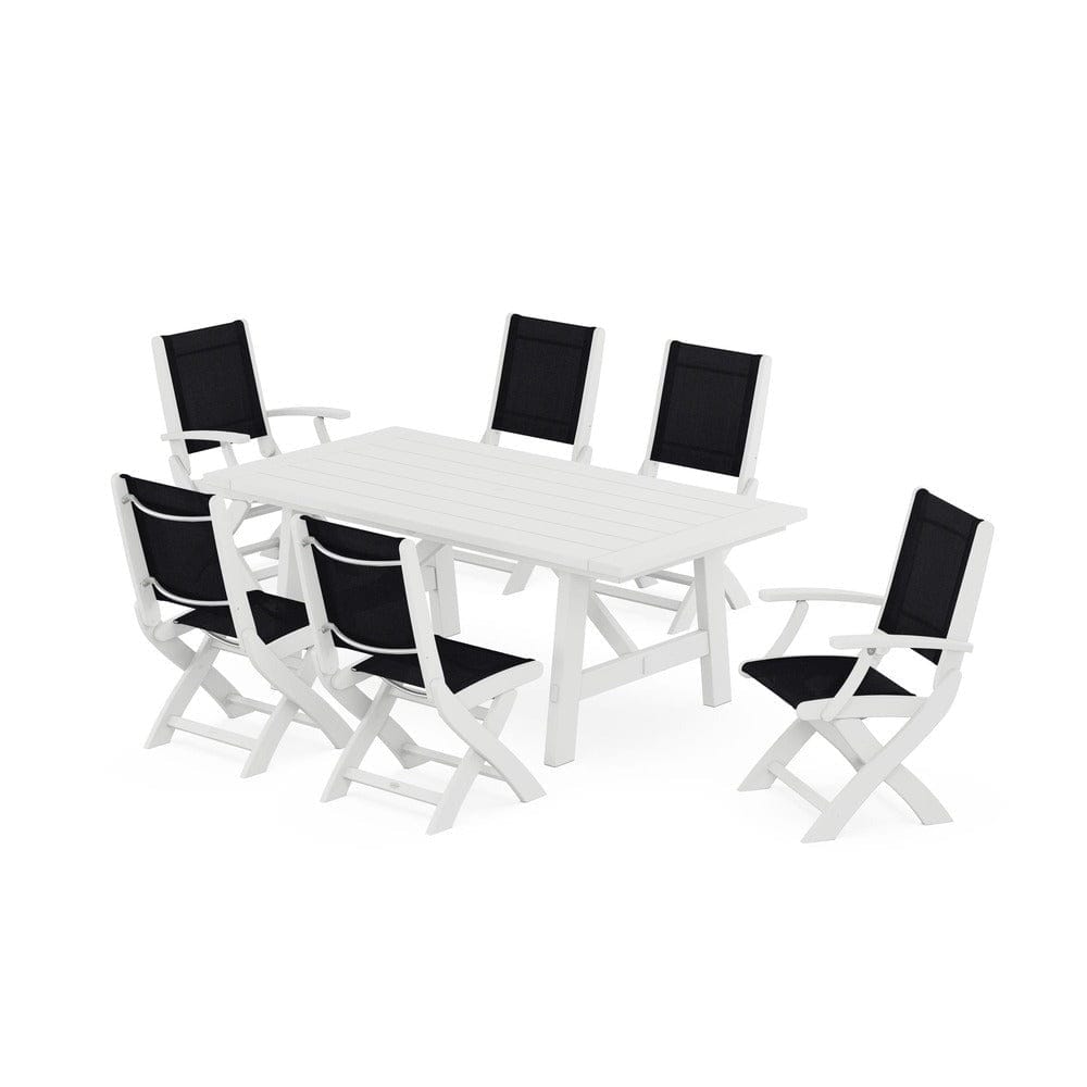 POLYWOOD® Outdoor Furniture White / Black Sling POLYWOOD® - Coastal Folding Chair 7-Piece Rustic Farmhouse Dining Set - PWS1078