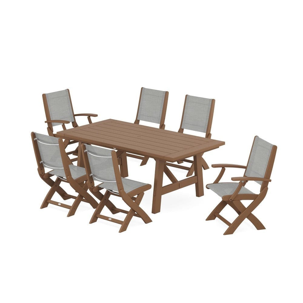 POLYWOOD® Outdoor Furniture Teak / Metallic Sling POLYWOOD® - Coastal Folding Chair 7-Piece Rustic Farmhouse Dining Set - PWS1078