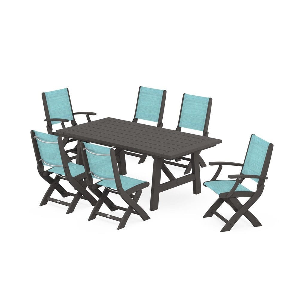 POLYWOOD® Outdoor Furniture Vintage Coffee / Dupioni Aquamarine Sling POLYWOOD® - Coastal Folding Chair 7-Piece Rustic Farmhouse Dining Set - PWS1078