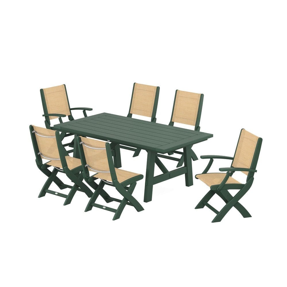 POLYWOOD® Outdoor Furniture Green / Dupioni Apricot Sling POLYWOOD® - Coastal Folding Chair 7-Piece Rustic Farmhouse Dining Set - PWS1078