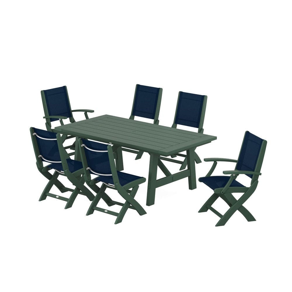 POLYWOOD® Outdoor Furniture Green / Navy Blue Sling POLYWOOD® - Coastal Folding Chair 7-Piece Rustic Farmhouse Dining Set - PWS1078