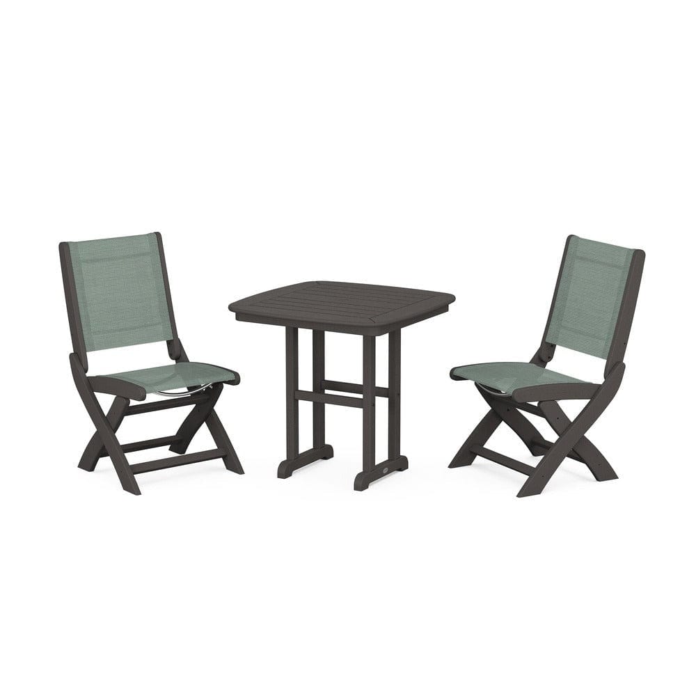 POLYWOOD® Outdoor Furniture Vintage Coffee / Dupioni Sea Mist Sling POLYWOOD® - Coastal Folding Side Chair 3-Piece Dining Set - PWS1207