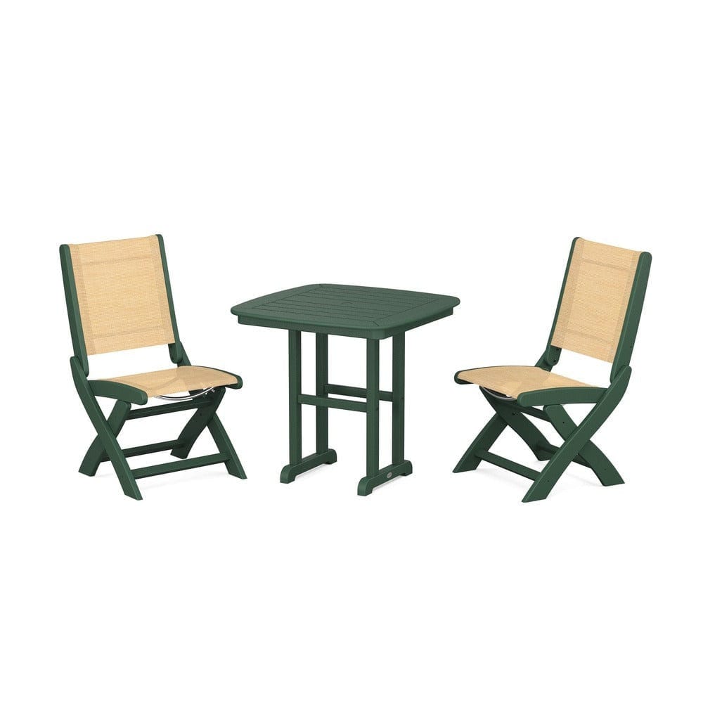 POLYWOOD® Outdoor Furniture Green / Dupioni Apricot Sling POLYWOOD® - Coastal Folding Side Chair 3-Piece Dining Set - PWS1207