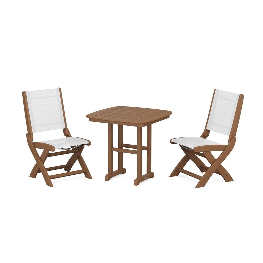 POLYWOOD® Outdoor Furniture Teak / White Sling POLYWOOD® - Coastal Folding Side Chair 3-Piece Dining Set - PWS1207
