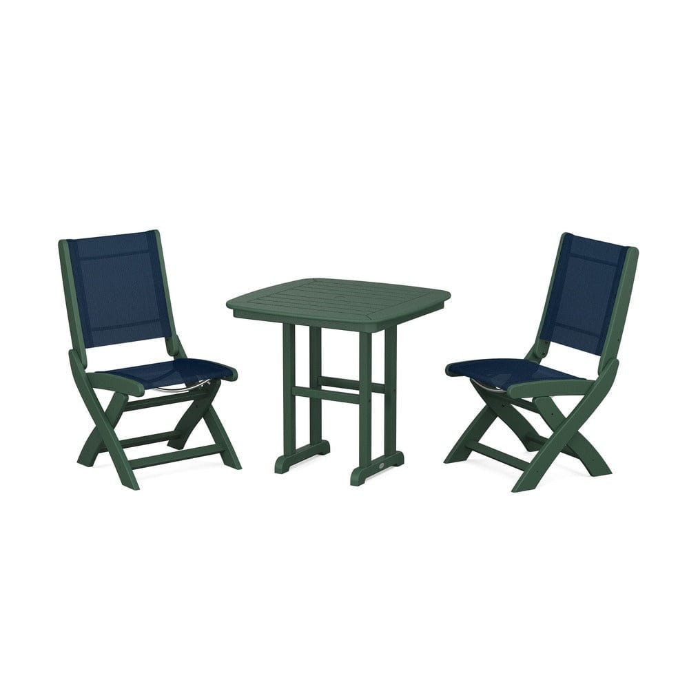 POLYWOOD® Outdoor Furniture Green / Navy Blue Sling POLYWOOD® - Coastal Folding Side Chair 3-Piece Dining Set - PWS1207