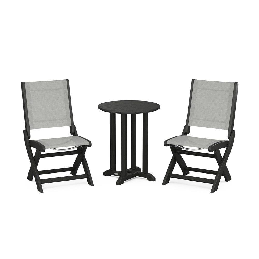 POLYWOOD® Outdoor Furniture Black / Metallic Sling POLYWOOD® - Coastal Folding Side Chair 3-Piece Round Bistro Dining Set - PWS1296