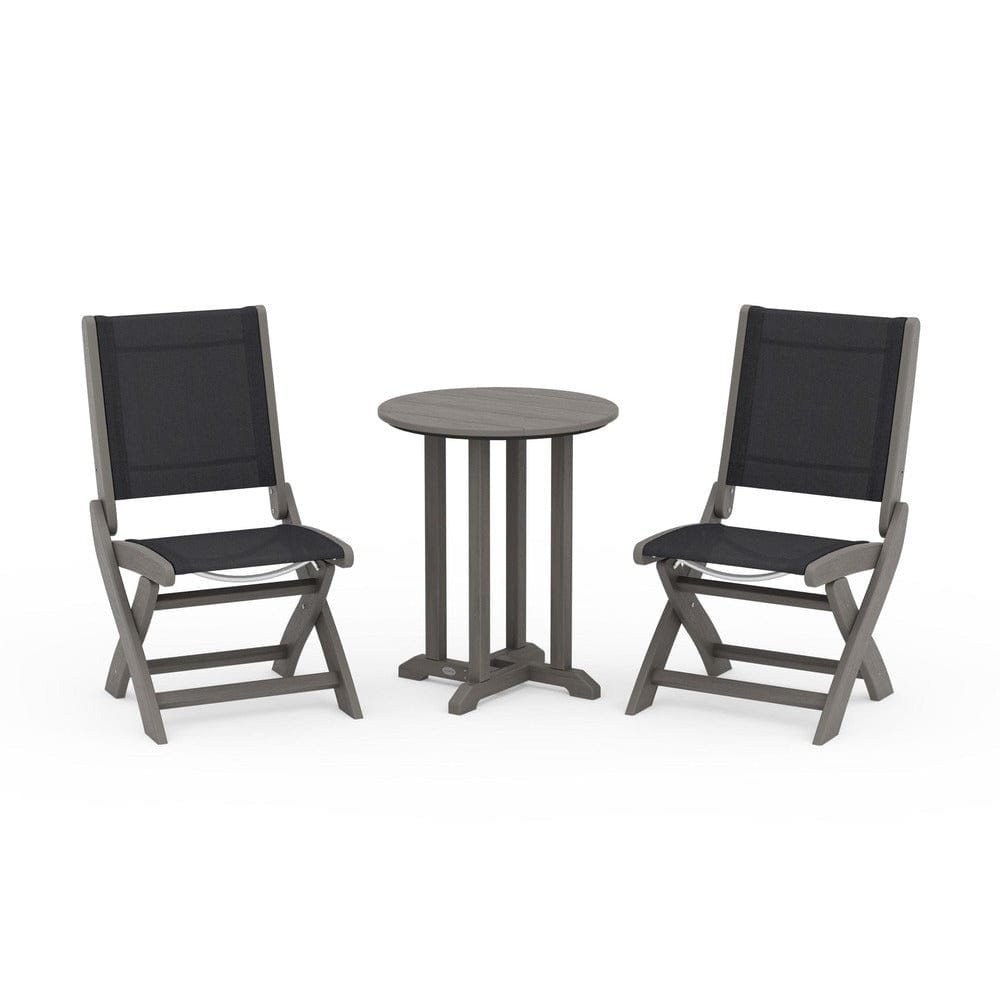POLYWOOD® Outdoor Furniture Driftwood / Black Sling POLYWOOD® - Coastal Folding Side Chair 3-Piece Round Bistro Dining Set - PWS1296