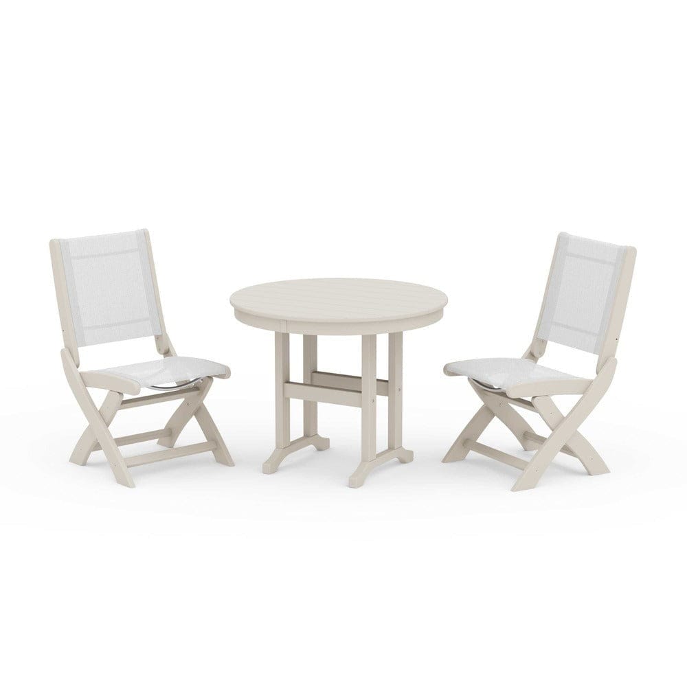POLYWOOD® Outdoor Furniture Sand / White Sling POLYWOOD® - Coastal Folding Side Chair 3-Piece Round Dining Set - PWS1329