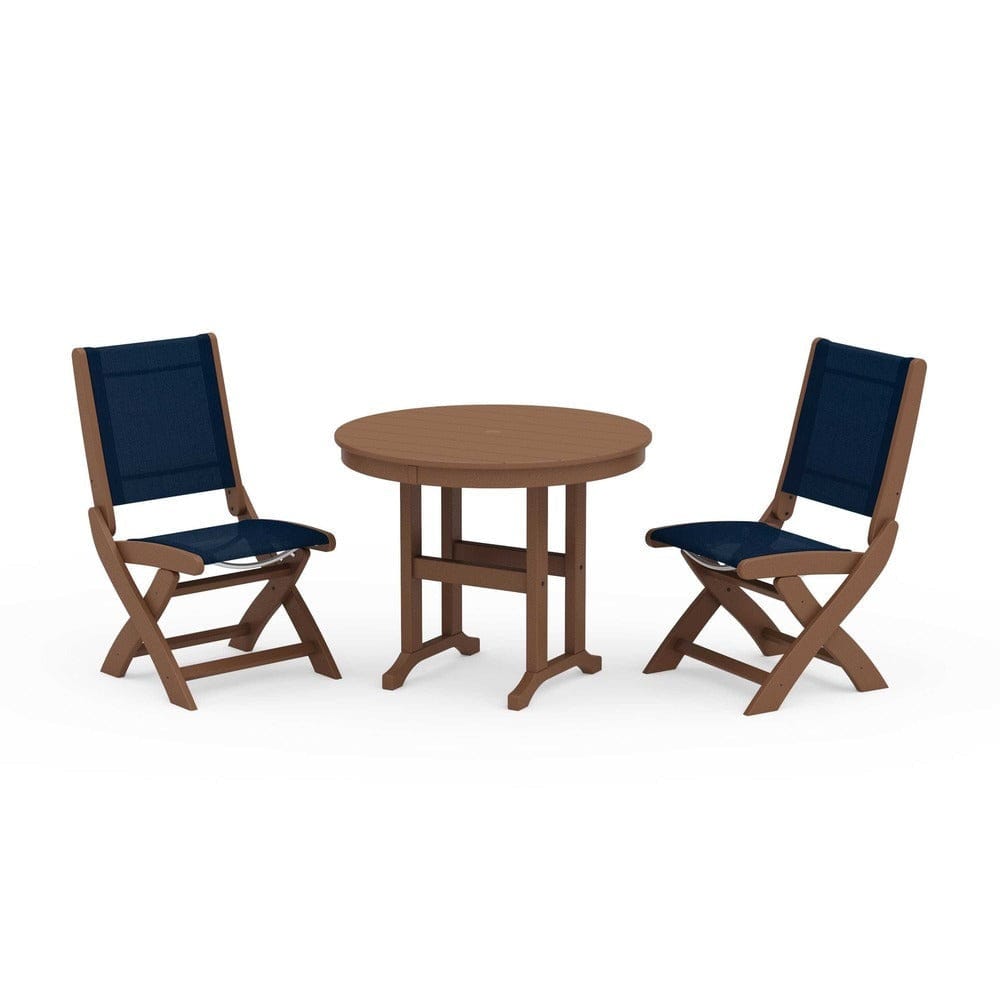 POLYWOOD® Outdoor Furniture Teak / Navy Blue Sling POLYWOOD® - Coastal Folding Side Chair 3-Piece Round Dining Set - PWS1329