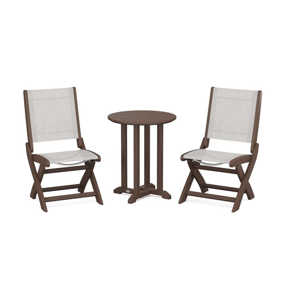 POLYWOOD® Outdoor Furniture Mahogany / Parchment Sling POLYWOOD® - Coastal Folding Side Chair 3-Piece Round Bistro Dining Set - PWS1296