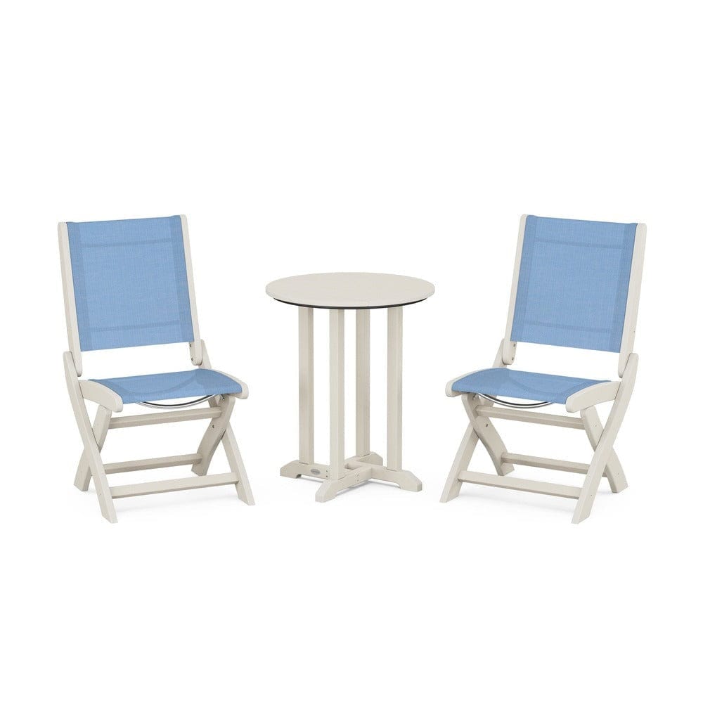 POLYWOOD® Outdoor Furniture Sand / Poolside Sling POLYWOOD® - Coastal Folding Side Chair 3-Piece Round Bistro Dining Set - PWS1296