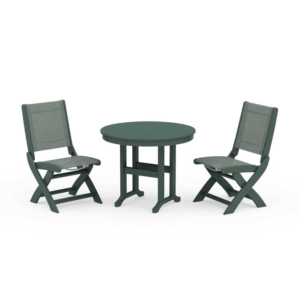 POLYWOOD® Outdoor Furniture Green / Dupioni Sea Mist Sling POLYWOOD® - Coastal Folding Side Chair 3-Piece Round Dining Set - PWS1329