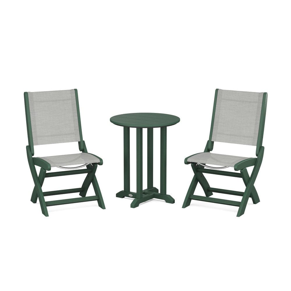 POLYWOOD® Outdoor Furniture Green / Metallic Sling POLYWOOD® - Coastal Folding Side Chair 3-Piece Round Bistro Dining Set - PWS1296