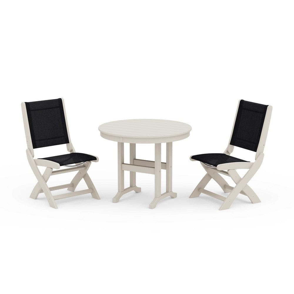 POLYWOOD® Outdoor Furniture Sand / Black Sling POLYWOOD® - Coastal Folding Side Chair 3-Piece Round Dining Set - PWS1329