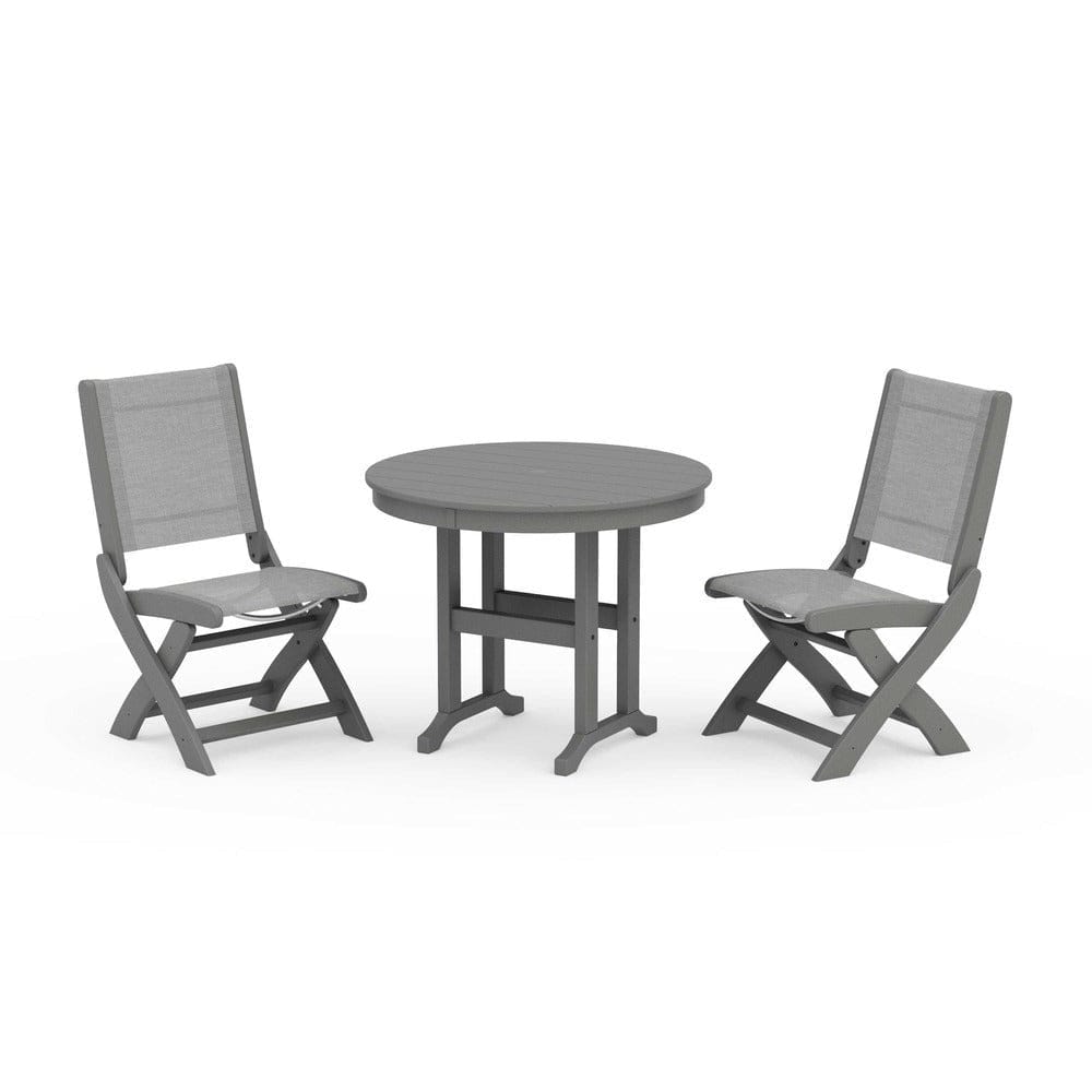 POLYWOOD® Outdoor Furniture Slate Grey / Metallic Sling POLYWOOD® - Coastal Folding Side Chair 3-Piece Round Dining Set - PWS1329