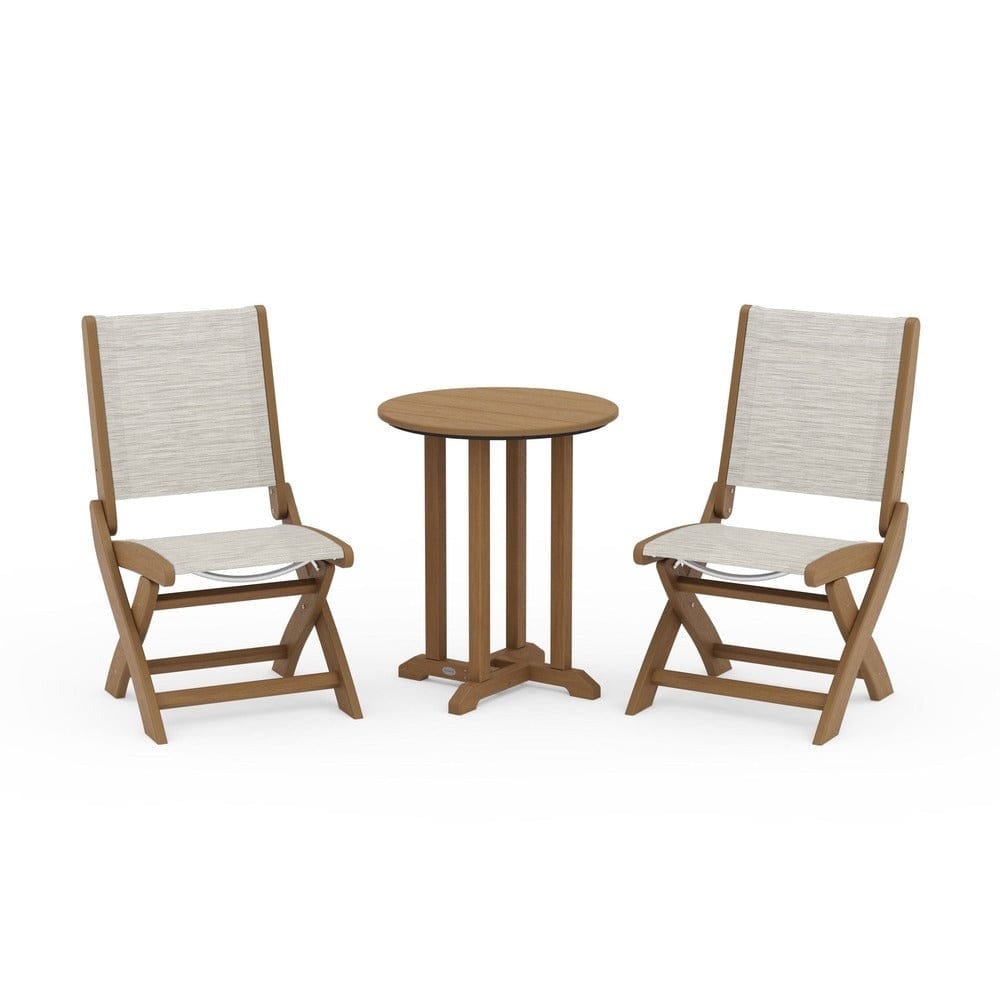 POLYWOOD® Outdoor Furniture Natural / Birch Sling POLYWOOD® - Coastal Folding Side Chair 3-Piece Round Bistro Dining Set - PWS1296