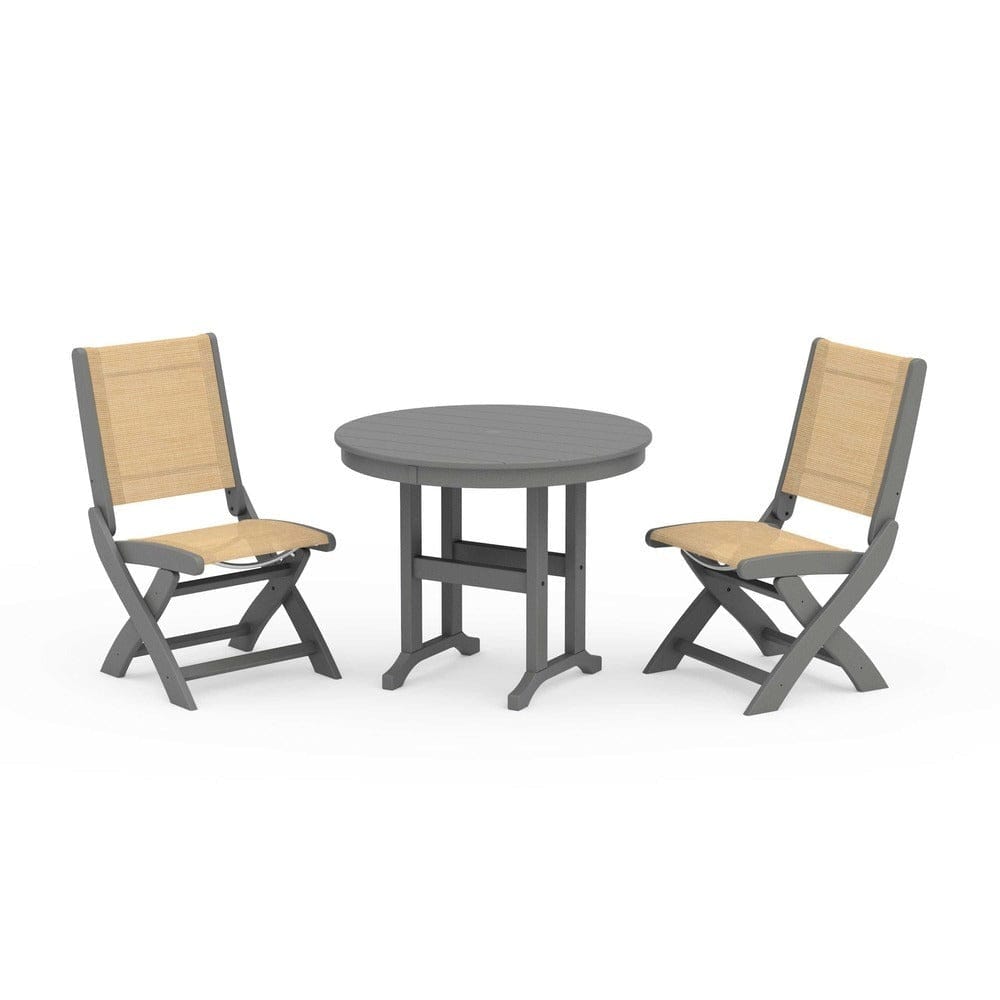 POLYWOOD® Outdoor Furniture Slate Grey / Dupioni Apricot Sling POLYWOOD® - Coastal Folding Side Chair 3-Piece Round Dining Set - PWS1329