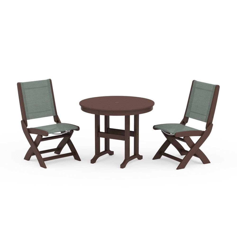 POLYWOOD® Outdoor Furniture Mahogany / Dupioni Sea Mist Sling POLYWOOD® - Coastal Folding Side Chair 3-Piece Round Dining Set - PWS1329