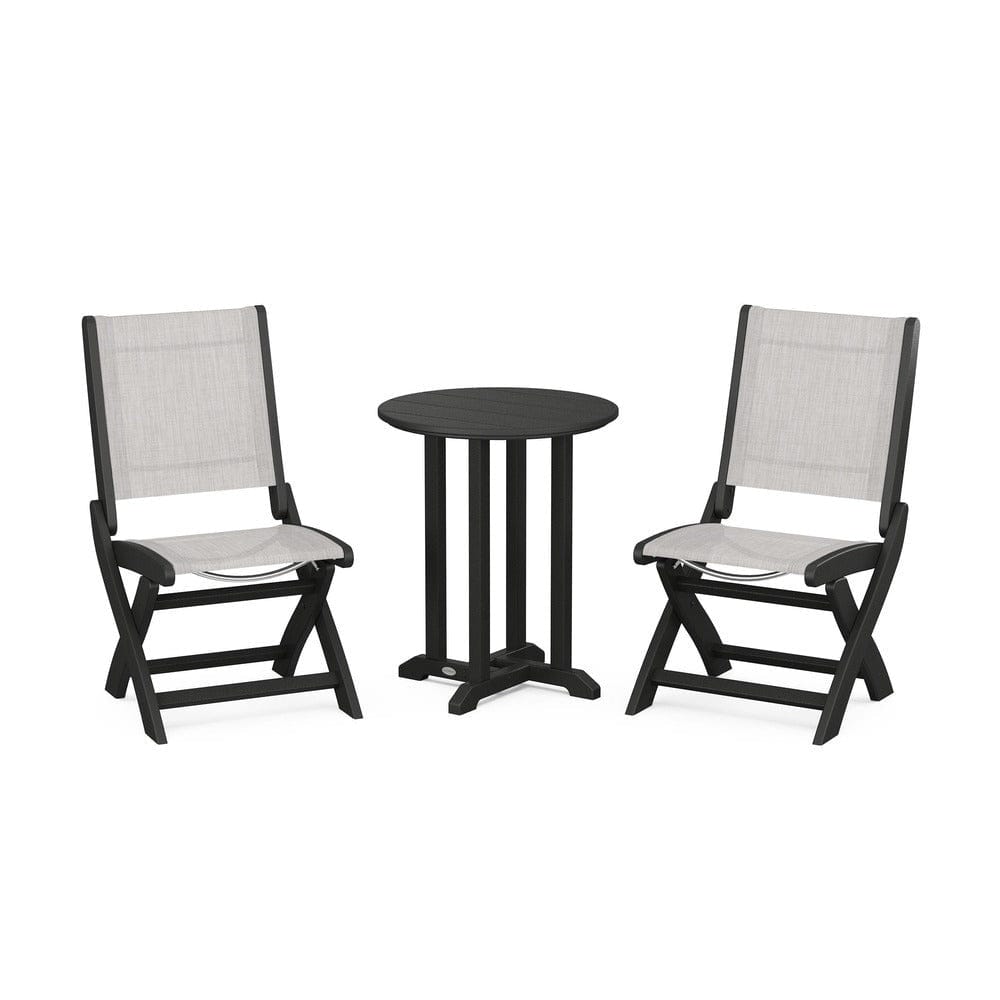 POLYWOOD® Outdoor Furniture Black / Parchment Sling POLYWOOD® - Coastal Folding Side Chair 3-Piece Round Bistro Dining Set - PWS1296