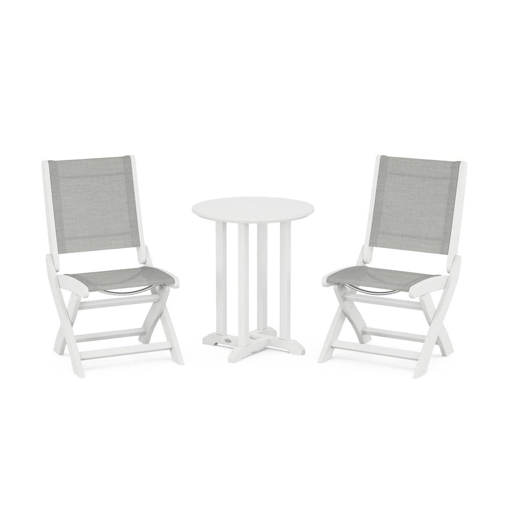POLYWOOD® Outdoor Furniture White / Metallic Sling POLYWOOD® - Coastal Folding Side Chair 3-Piece Round Bistro Dining Set - PWS1296