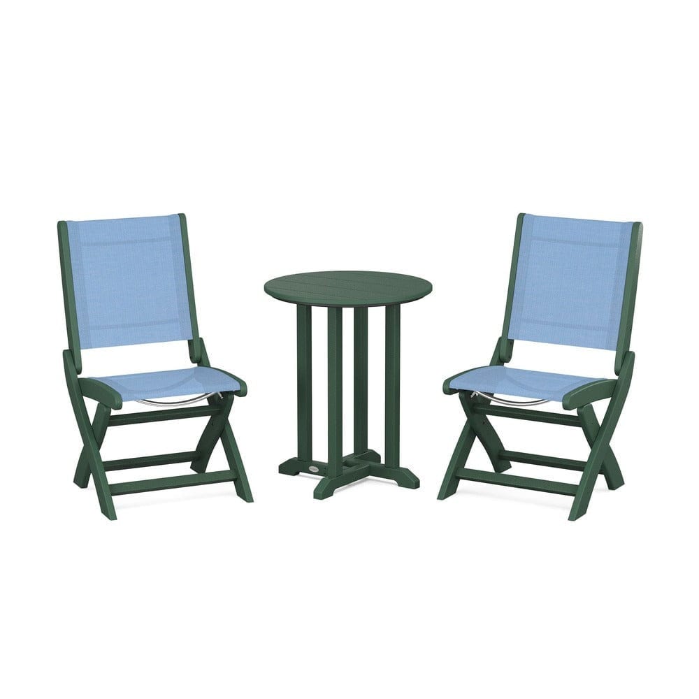 POLYWOOD® Outdoor Furniture Green / Poolside Sling POLYWOOD® - Coastal Folding Side Chair 3-Piece Round Bistro Dining Set - PWS1296