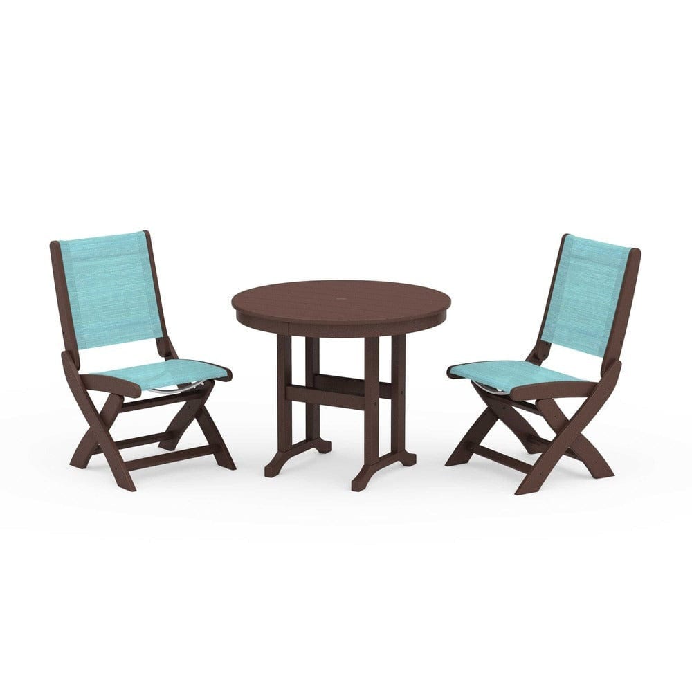 POLYWOOD® Outdoor Furniture Mahogany / Dupioni Aquamarine Sling POLYWOOD® - Coastal Folding Side Chair 3-Piece Round Dining Set - PWS1329