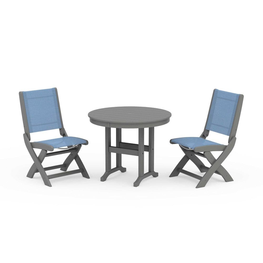 POLYWOOD® Outdoor Furniture Slate Grey / Poolside Sling POLYWOOD® - Coastal Folding Side Chair 3-Piece Round Dining Set - PWS1329