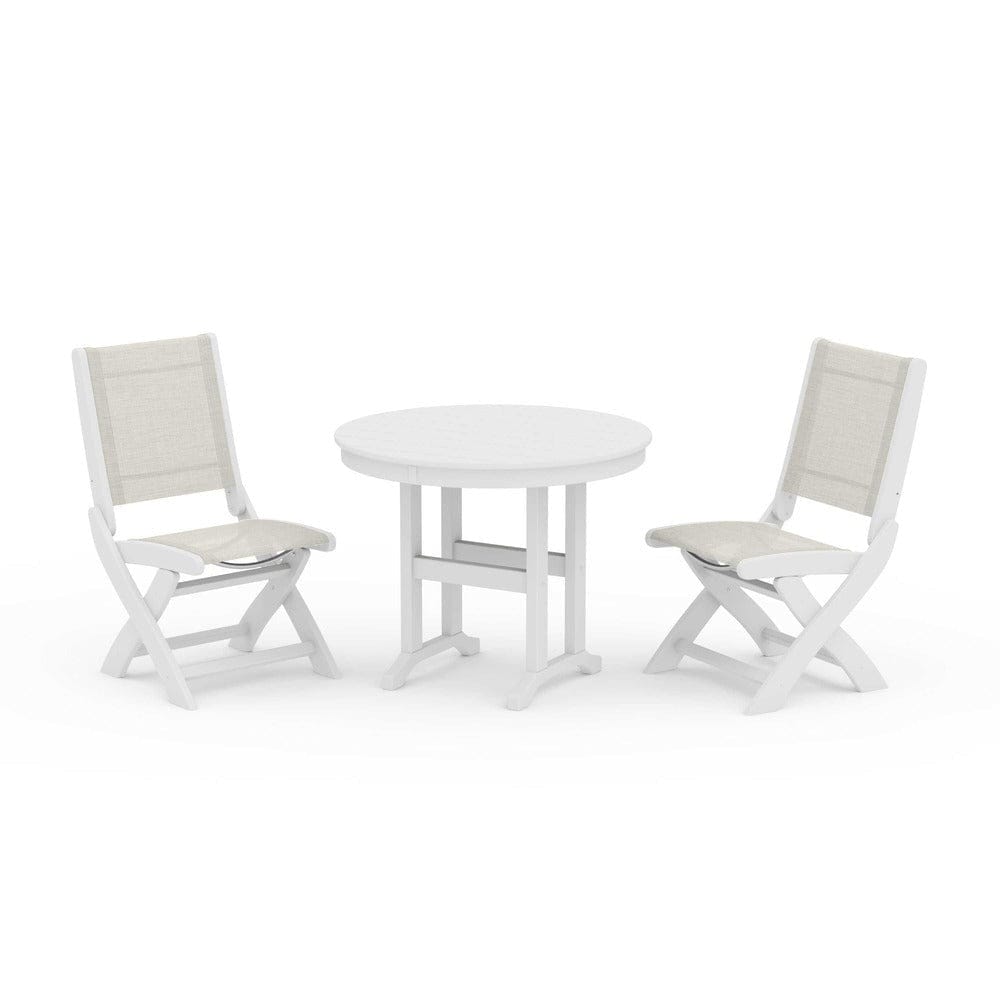 POLYWOOD® Outdoor Furniture White / Parchment Sling POLYWOOD® - Coastal Folding Side Chair 3-Piece Round Dining Set - PWS1329